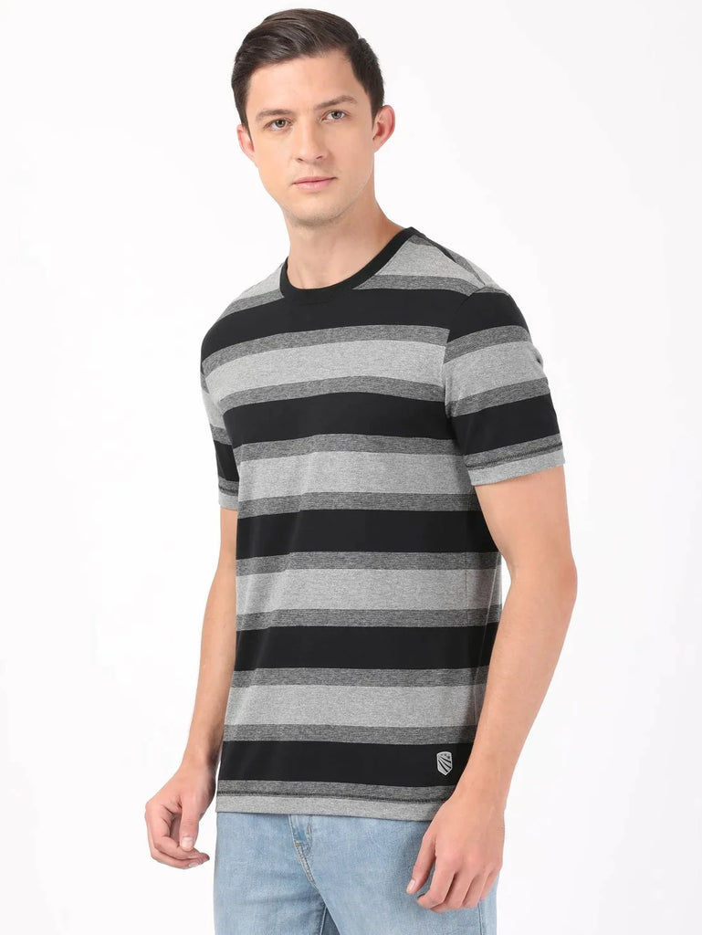 Mid Grey Melange & Black JOCKEY Men's Striped Round Neck Half Sleeve T-Shirt