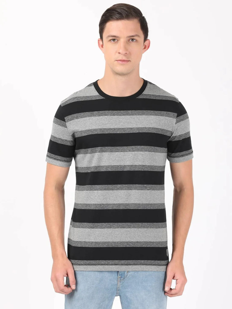 Mid Grey Melange & Black JOCKEY Men's Striped Round Neck Half Sleeve T-Shirt