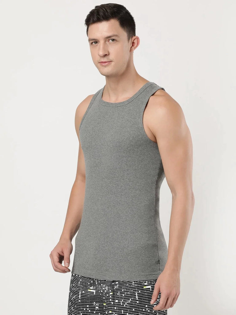 Mid Grey Melange Jockey Cotton Rib Square Neck Sleeveless Vest for Men