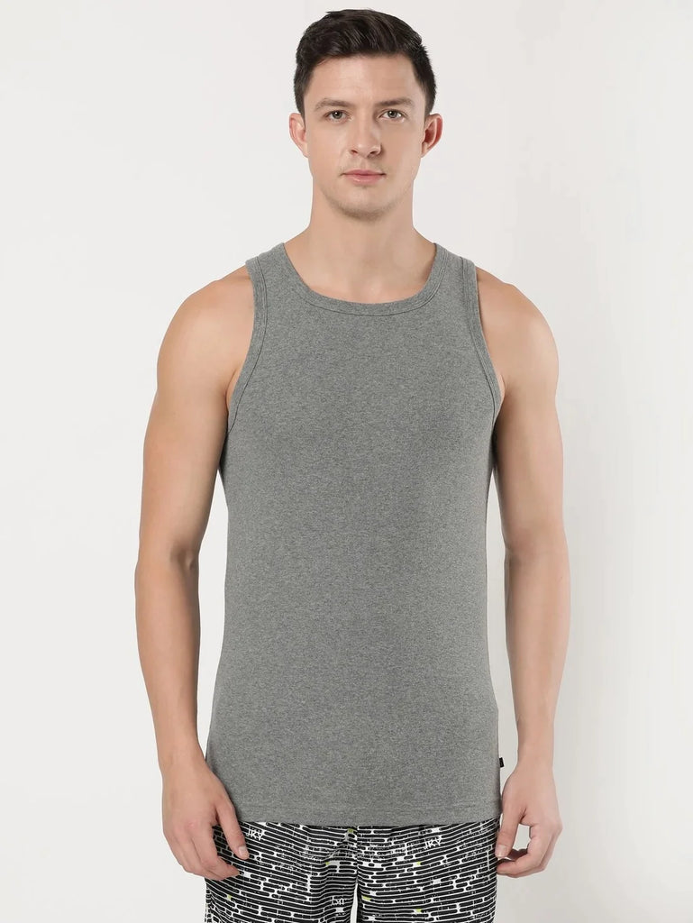 Mid Grey Melange Jockey Cotton Rib Square Neck Sleeveless Vest for Men