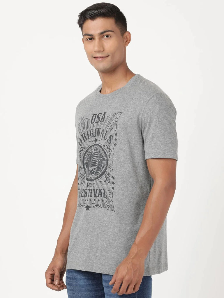 Mid Grey Melange JOCKEY Men's Printed Round Neck Half Sleeve T-Shirt 