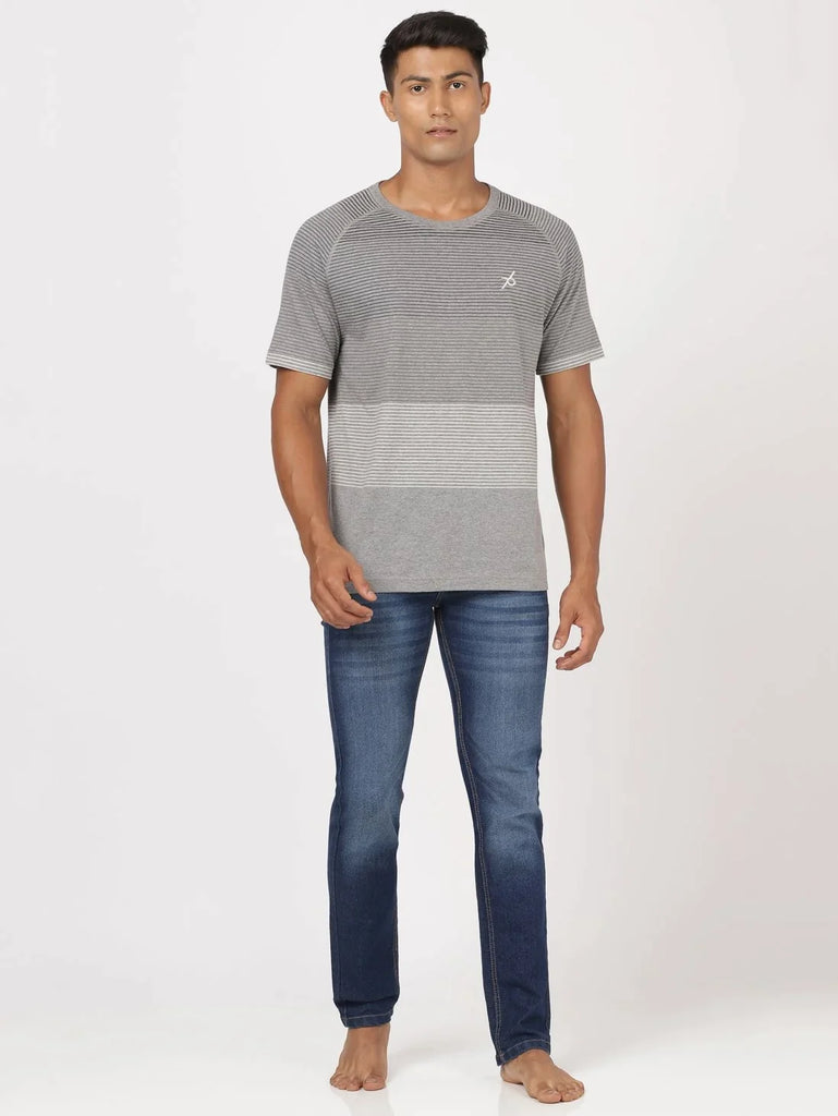 Mid Grey Melange JOCKEY Men's Striped Round Neck Half Sleeve T-Shirt