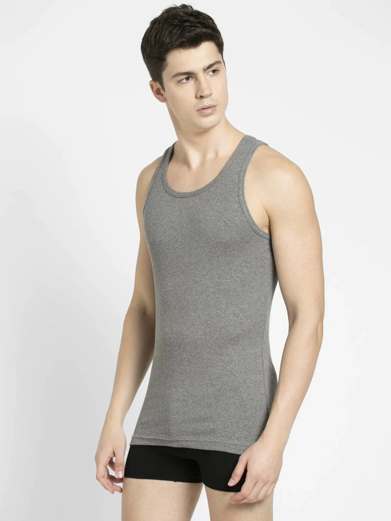 Mid Grey Melange Jockey Cotton Rib Round Neck Sleeveless Vest for Men