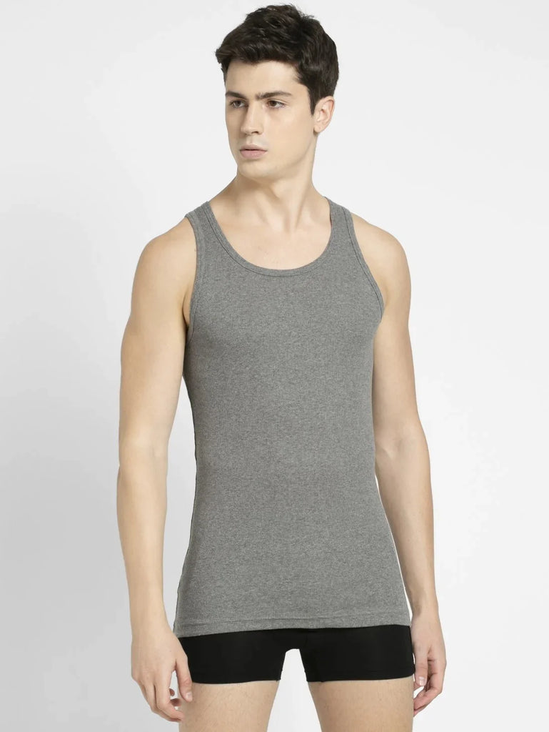 Mid Grey Melange Jockey Cotton Rib Round Neck Sleeveless Vest for Men