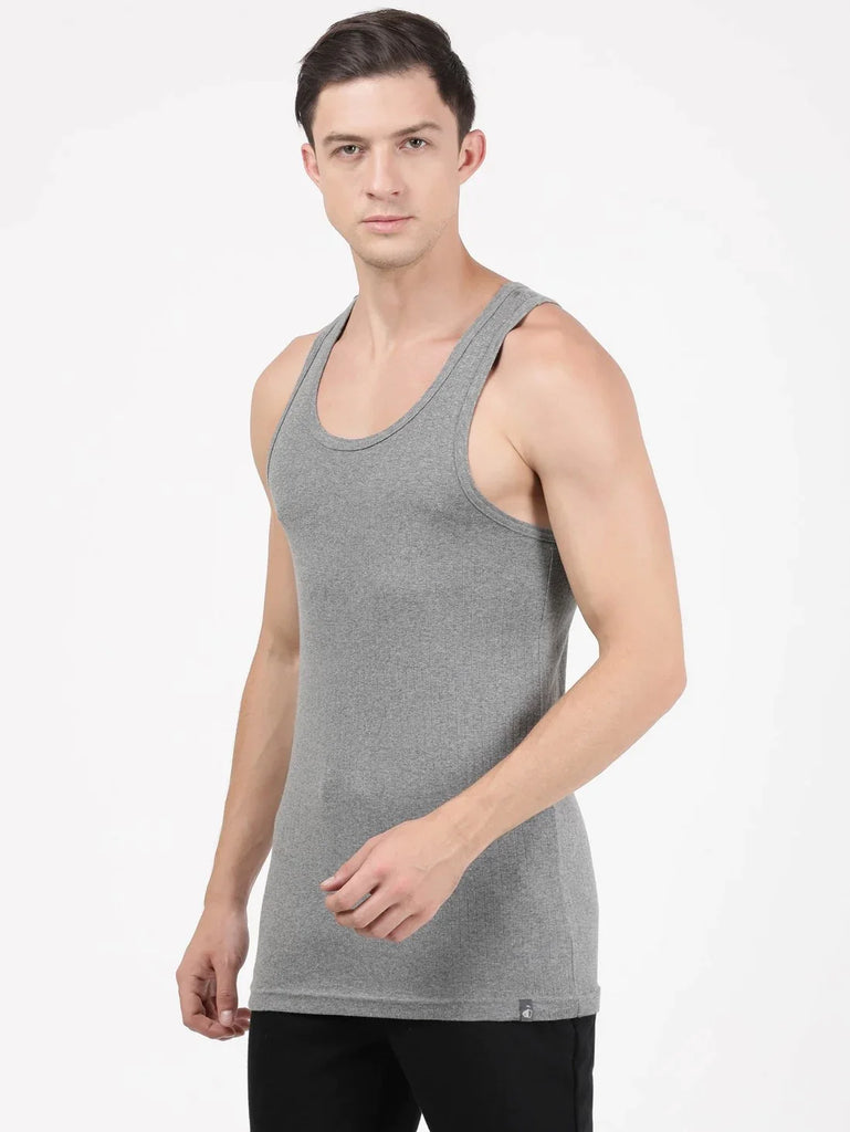 Mid Grey Melange Jockey Cotton Rib Racer Gym Vest for Men