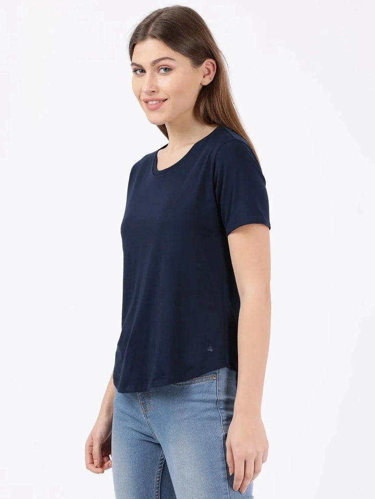 Navy Blazer JOCKEY Women's Relaxed Solid Curved Hem Style Half Sleeve T-Shirt