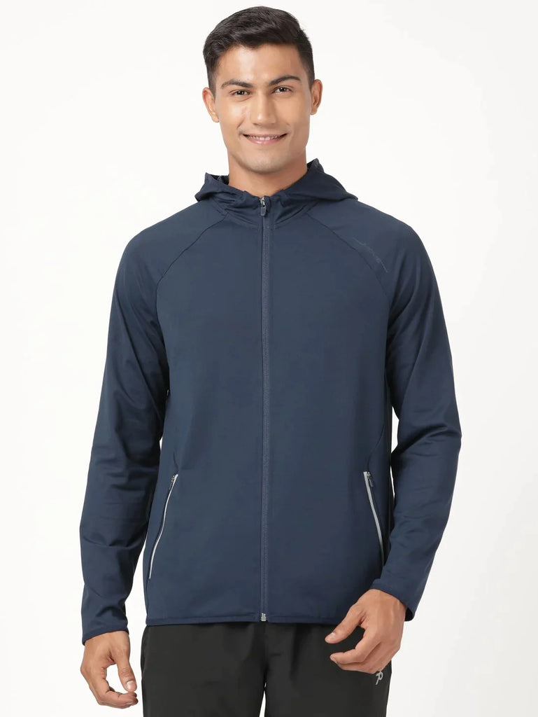 Navy JOCKEY Men's Microfiber Elastane Stretch Solid Performance Hoodie Jacket