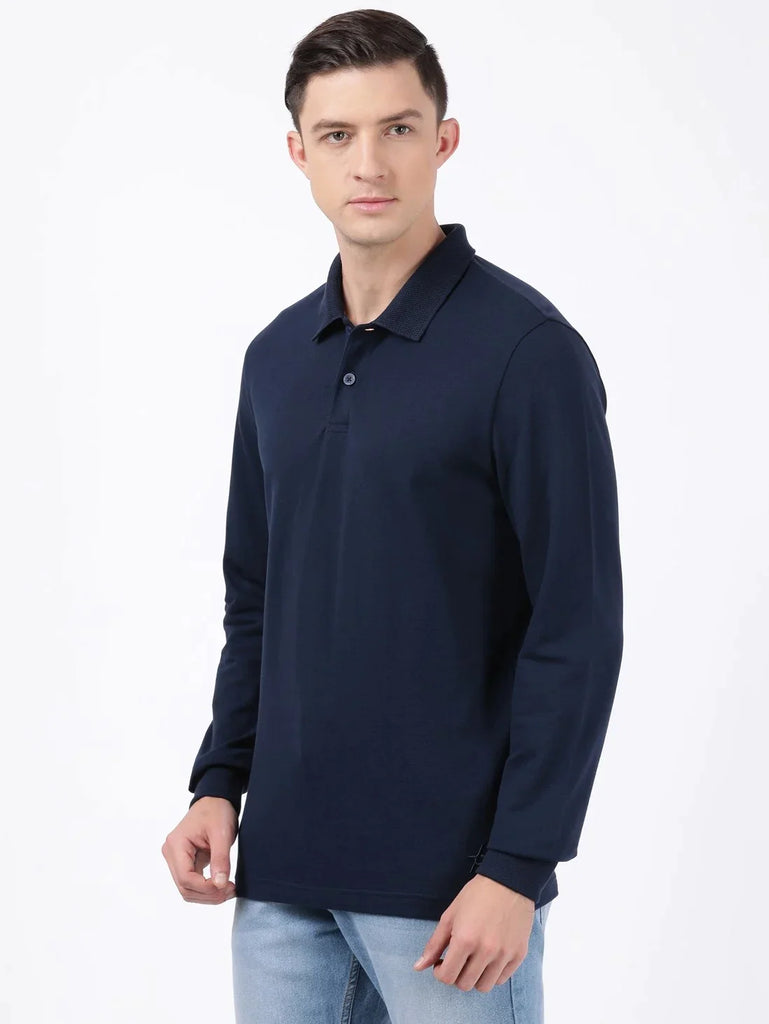 Navy JOCKEY Men's Solid Full Sleeve Polo T-Shirt