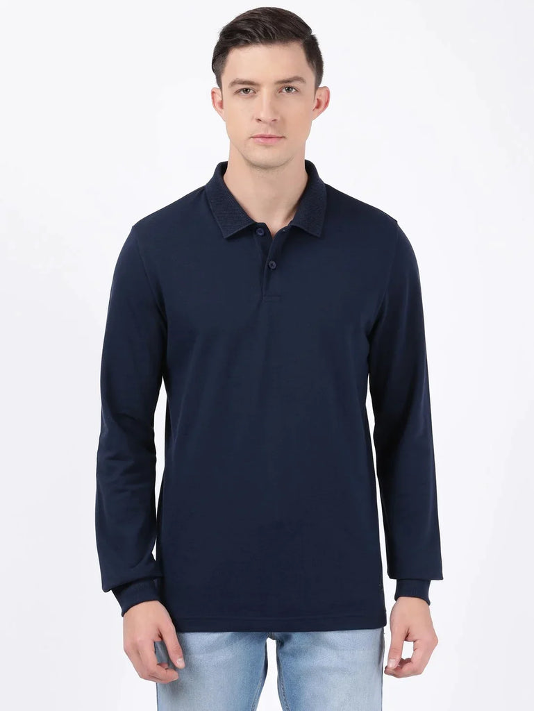 Navy JOCKEY Men's Solid Full Sleeve Polo T-Shirt