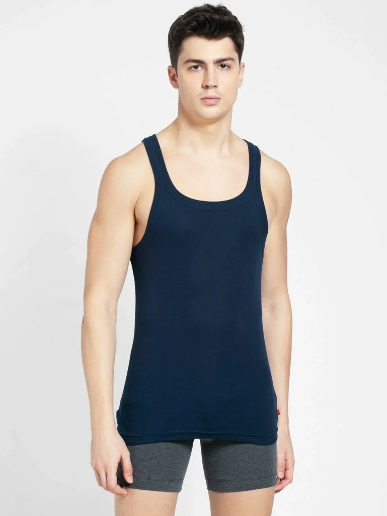 Navy Jockey Cotton Rib Square Neckline Gym Vest  for Men