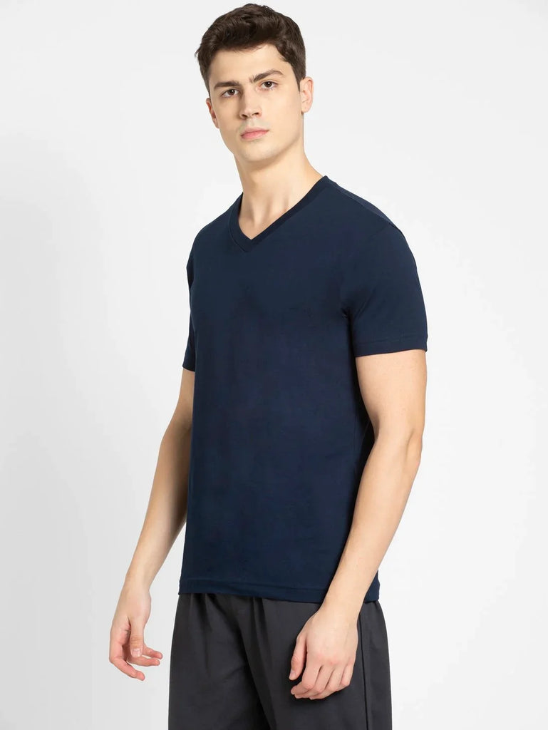 Navy JOCKEY Men's Solid V Neck Half Sleeve T-Shirt