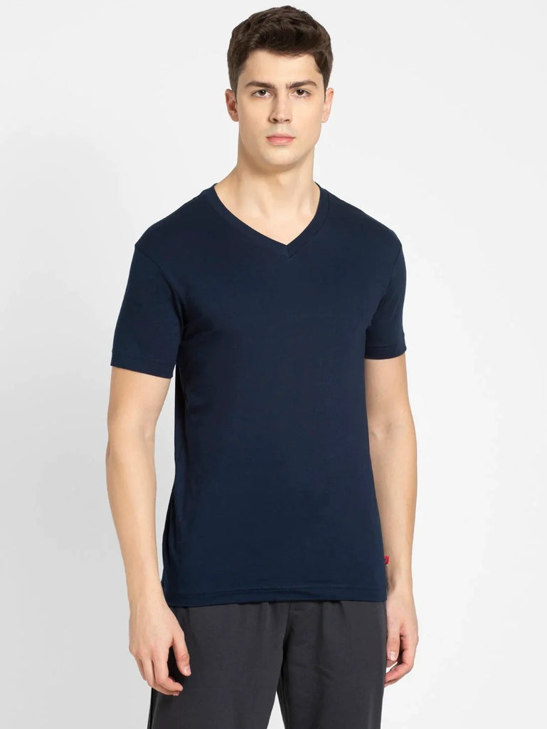 Navy JOCKEY Men's Solid V Neck Half Sleeve T-Shirt