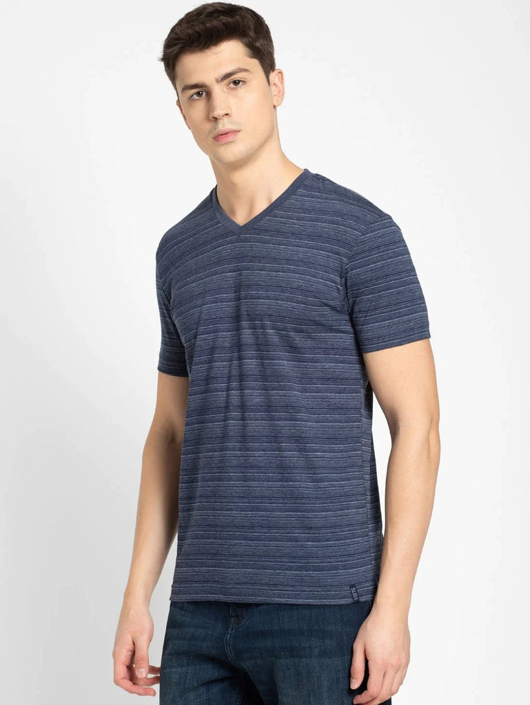 Navy JOCKEY Men's Cotton Striped V Neck Half Sleeve T-Shirt