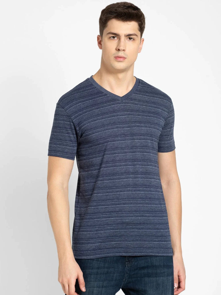 Navy JOCKEY Men's Cotton Striped V Neck Half Sleeve T-Shirt