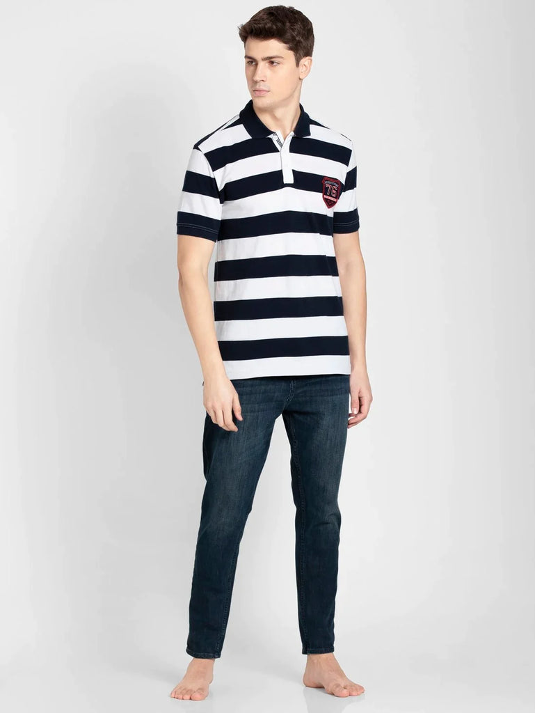 Navy & White JOCKEY Men's Striped Polo T-Shirt