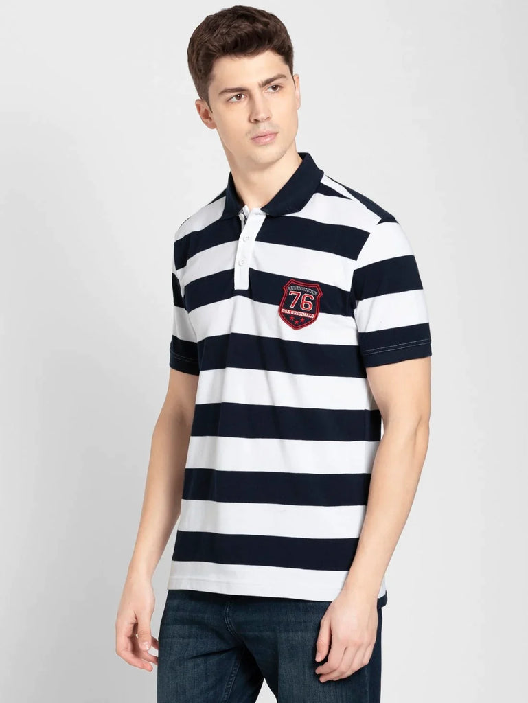 Navy & White JOCKEY Men's Striped Polo T-Shirt