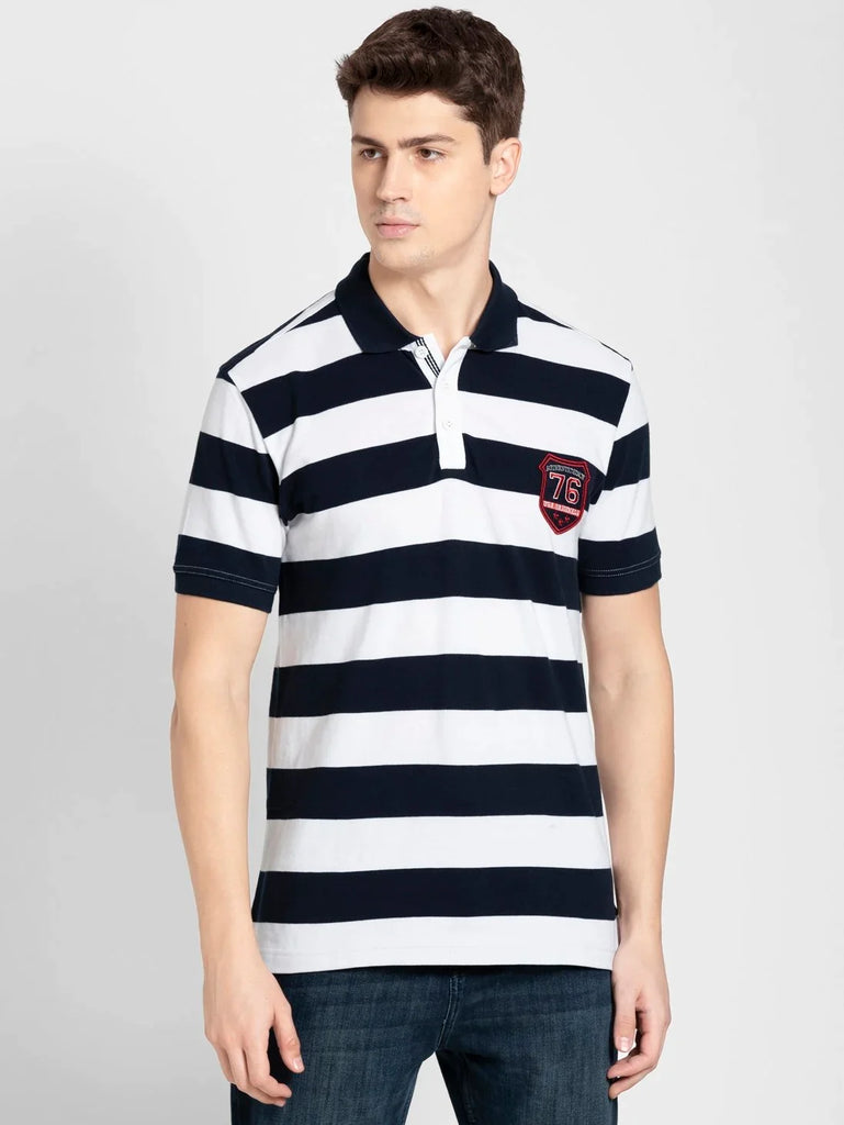 Navy & White JOCKEY Men's Striped Polo T-Shirt