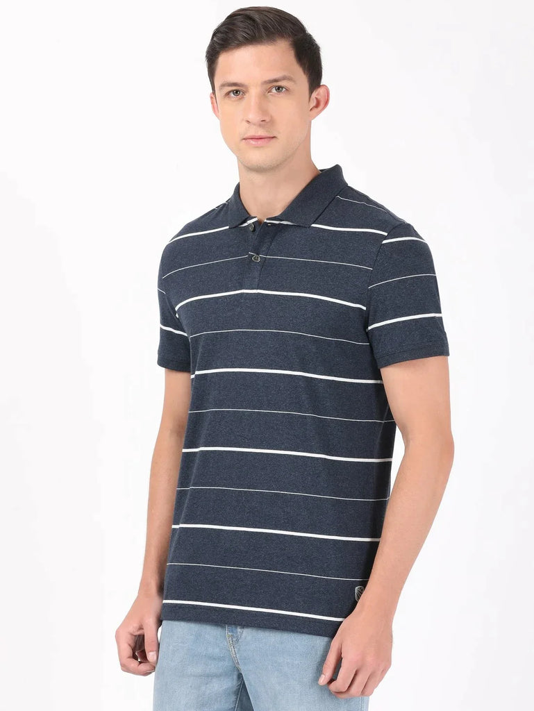 Night Sky ground & Ecru JOCKEY Men's Cotton Rich Striped Half Sleeve Polo T-Shirt