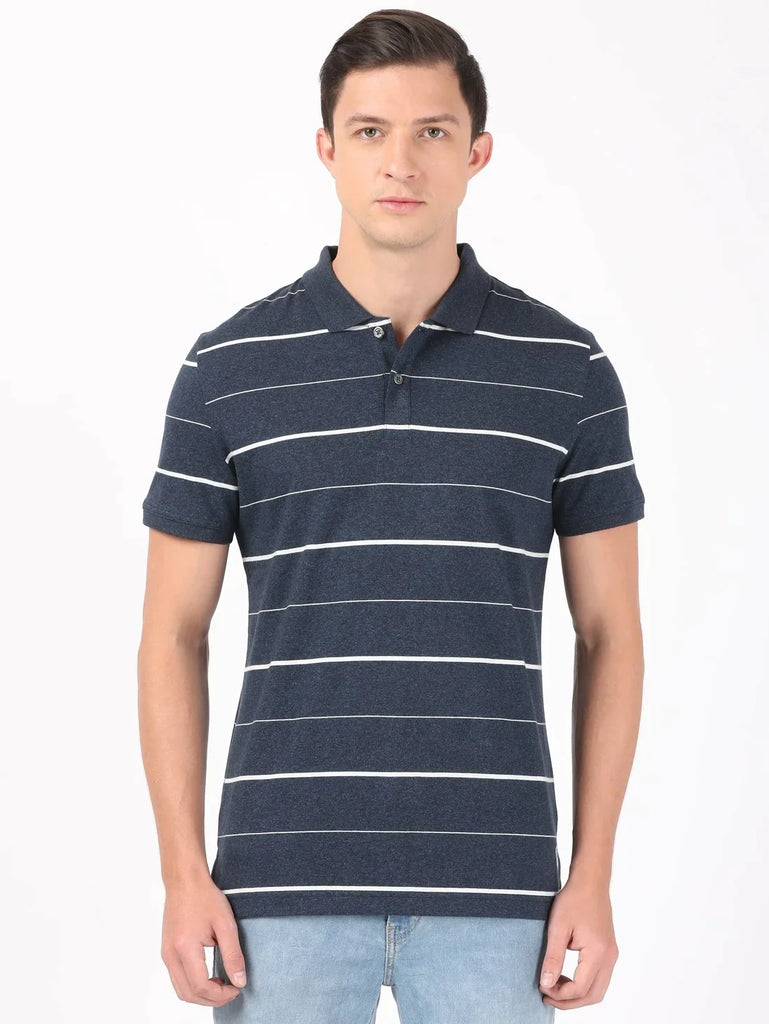 Night Sky ground & Ecru JOCKEY Men's Cotton Rich Striped Half Sleeve Polo T-Shirt