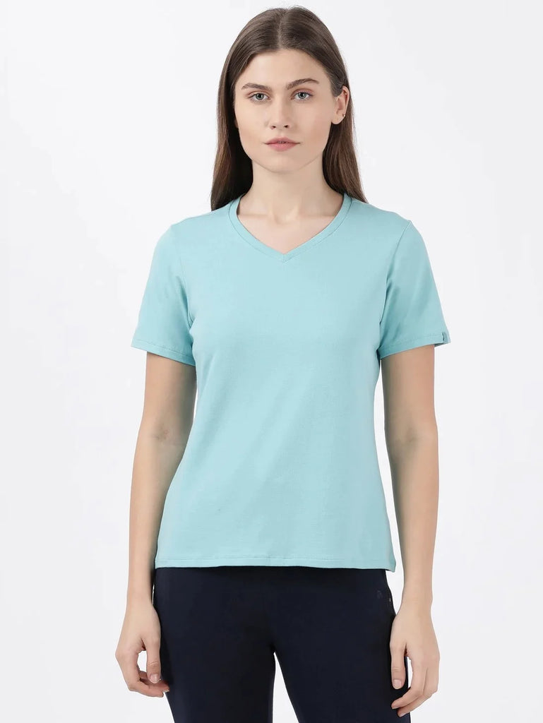 Nile Blue JOCKEY Women's Regular Fit Solid V Neck Half Sleeve T-Shirt