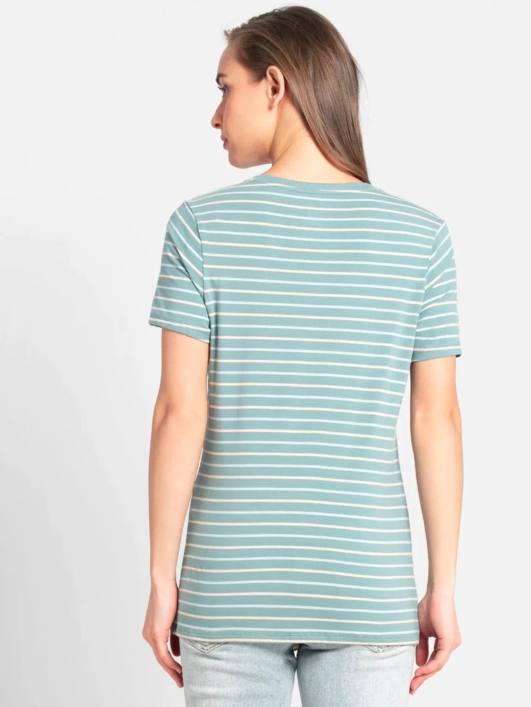 Old cloud Green JOCKEY Women's Yarn Dyed Striped V Neck Half Sleeve T-Shirt 