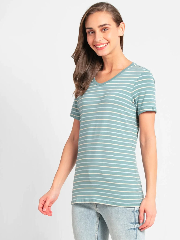 Old cloud Green JOCKEY Women's Yarn Dyed Striped V Neck Half Sleeve T-Shirt 