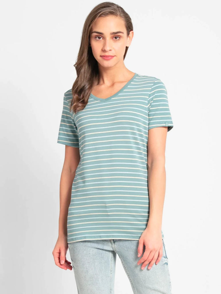 Old cloud Green JOCKEY Women's Yarn Dyed Striped V Neck Half Sleeve T-Shirt 