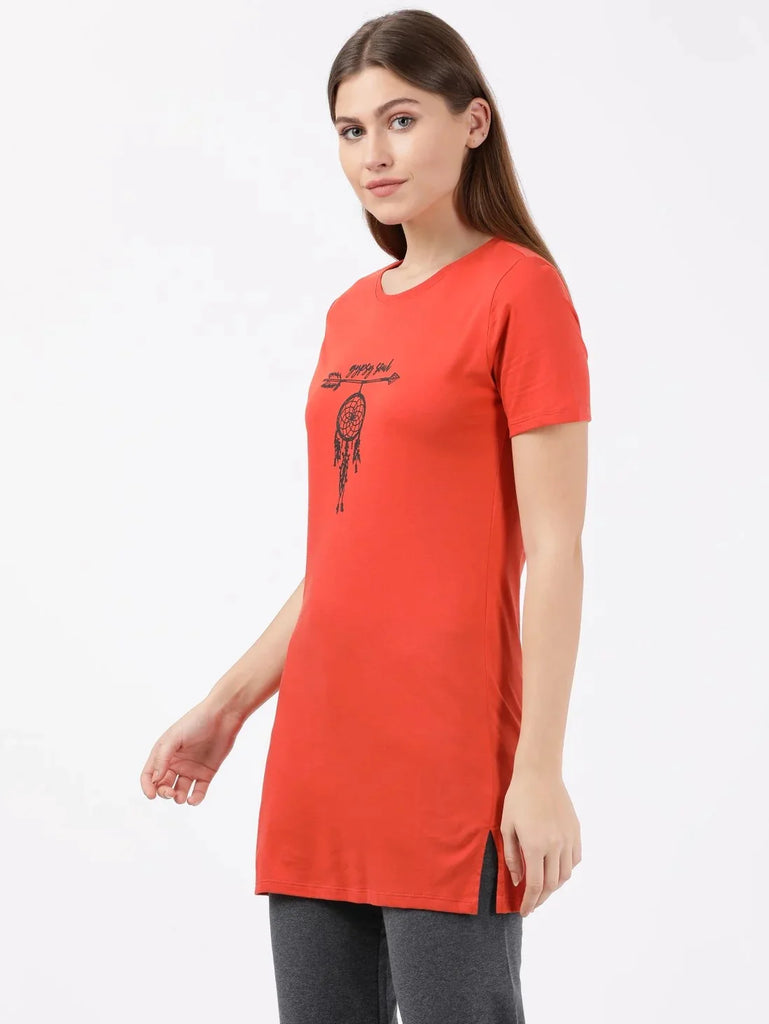 Orange Rust Assorted Prints JOCKEY Women's Relaxed Fit Printed Half Sleeve Long Length T-Shirt
