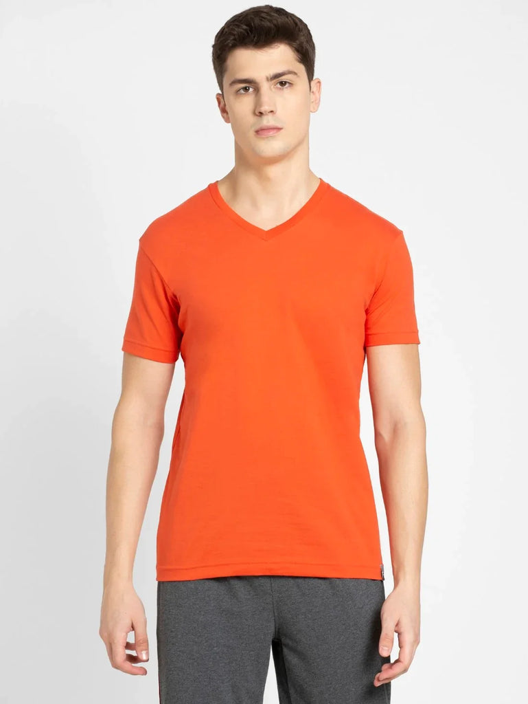 Orange Rust JOCKEY Men's Solid V Neck Half Sleeve T-Shirt