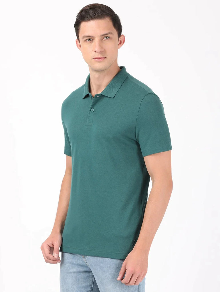 Pacific Green Men's Cotton Rich Pique Fabric Solid Half Sleeve Polo T-Shirt