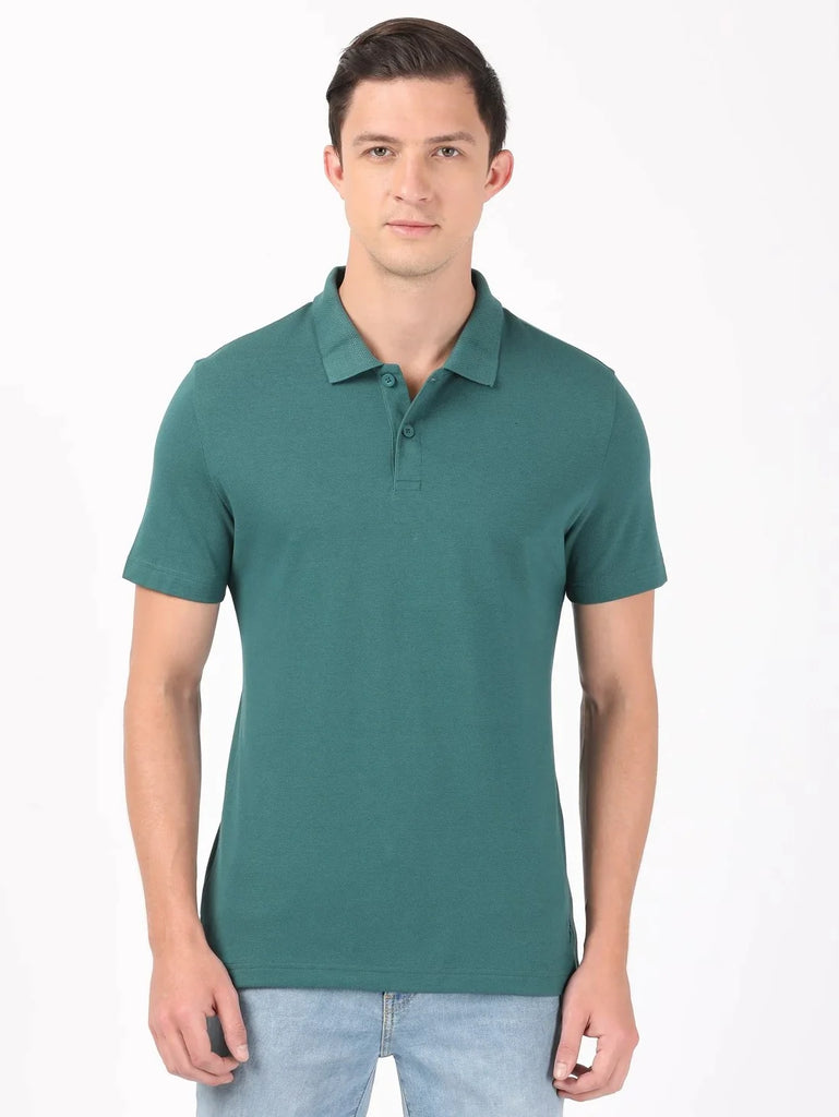 Pacific Green Men's Cotton Rich Pique Fabric Solid Half Sleeve Polo T-Shirt