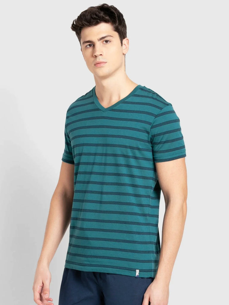 Pacific Green & Navy JOCKEY Men's Cotton Striped V Neck Half Sleeve T-Shirt