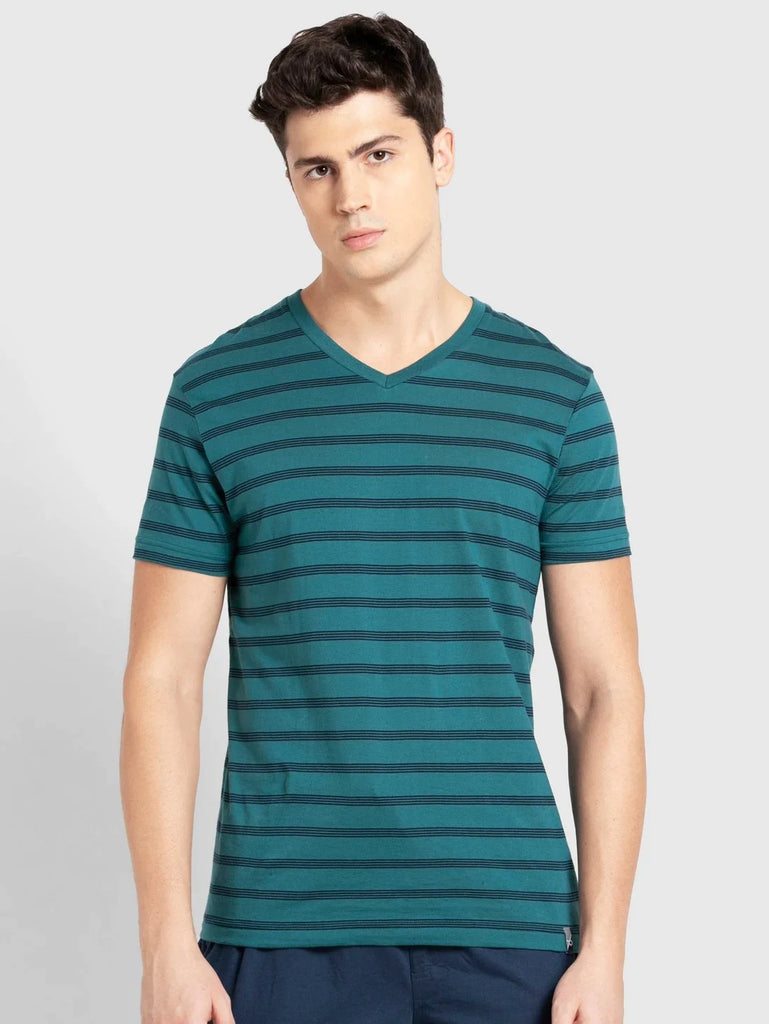 Pacific Green & Navy JOCKEY Men's Cotton Striped V Neck Half Sleeve T-Shirt