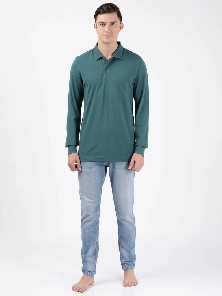 Pacific Green JOCKEY Men's Solid Full Sleeve Polo T-Shirt