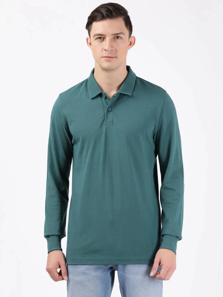 Pacific Green JOCKEY Men's Solid Full Sleeve Polo T-Shirt