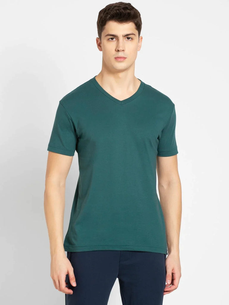 Pacific Green JOCKEY Men's Solid V Neck Half Sleeve T-Shirt