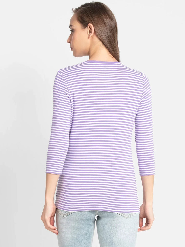 Paisley Purple & White JOCKEY Women's Striped Round Neck Three Quarter Sleeve T-Shirt