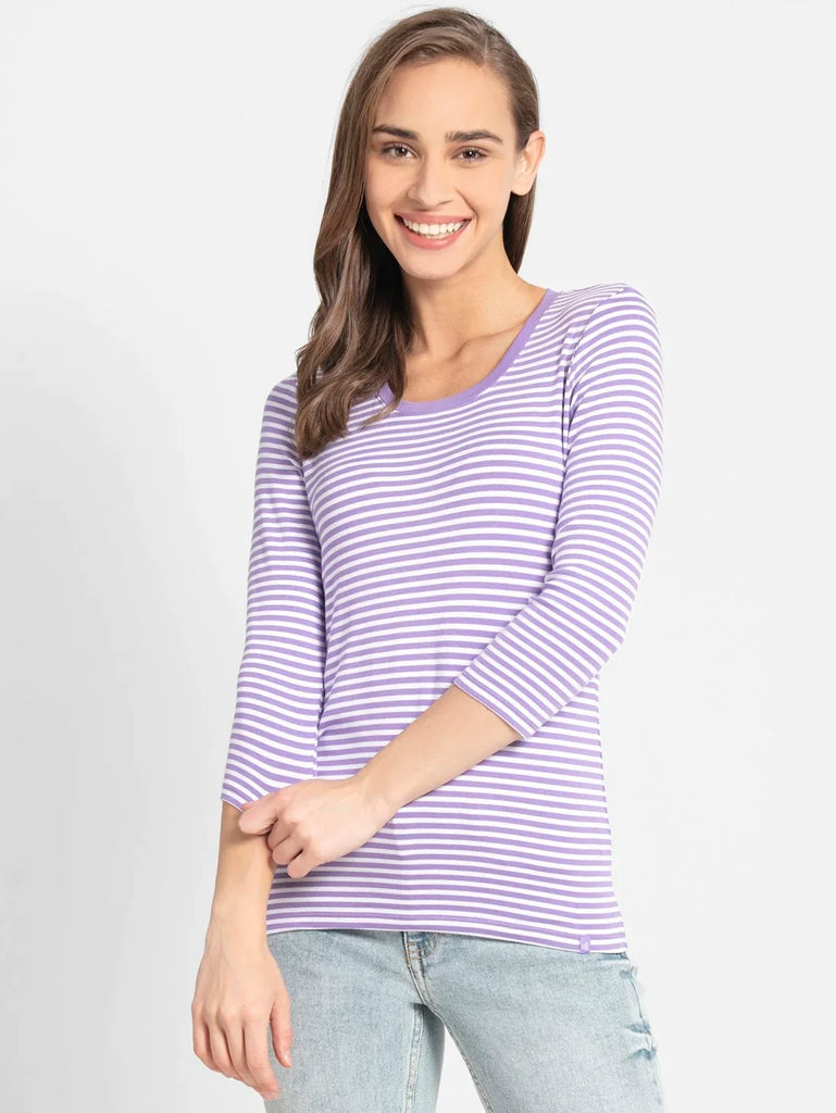 Paisley Purple & White JOCKEY Women's Striped Round Neck Three Quarter Sleeve T-Shirt