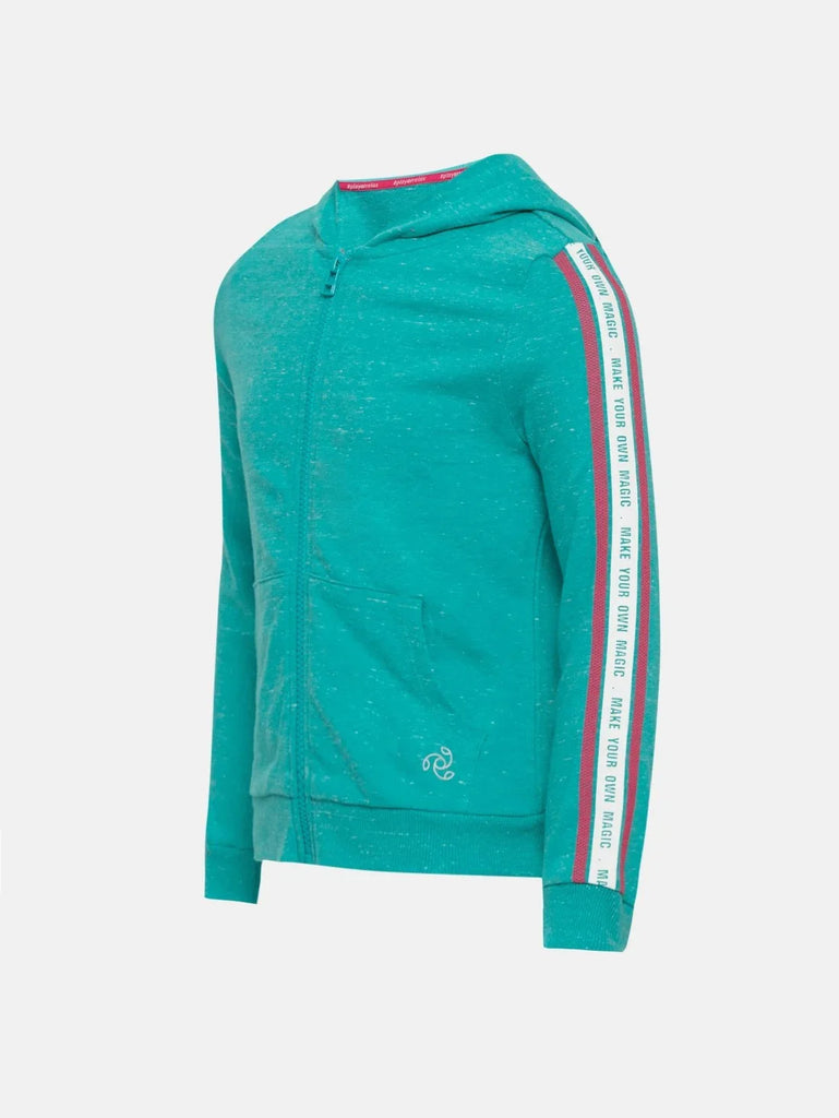 Paradise Teal Snow Melange Jockey Full Sleeve Hoodie Jacket for Girls