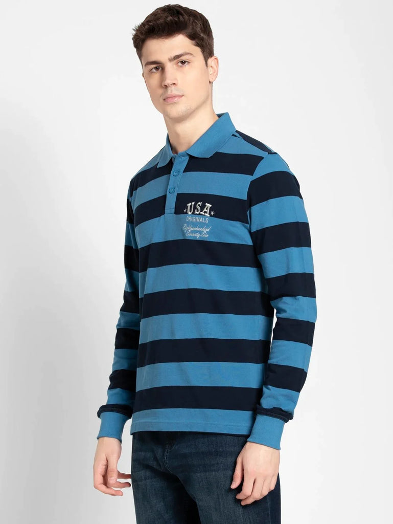 Parisian Blue & Navy Jockey Men's Striped Full Sleeve Polo T-Shirt