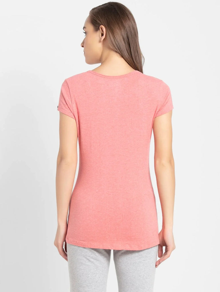 Passion Red Melange JOCKEY Women's Solid V Neck Henley Styled Half Sleeve T-Shirt