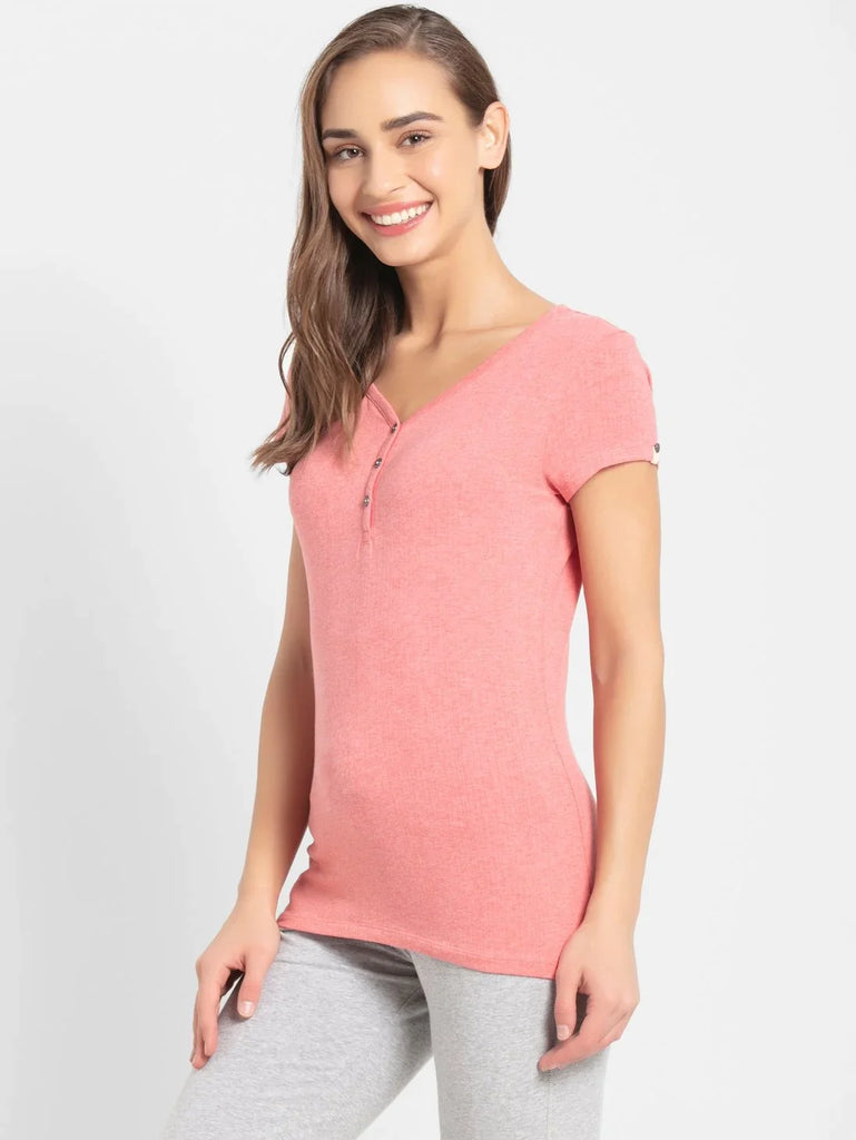 Passion Red Melange JOCKEY Women's Solid V Neck Henley Styled Half Sleeve T-Shirt