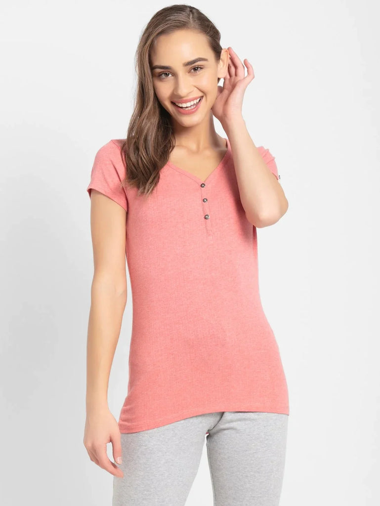 Passion Red Melange JOCKEY Women's Solid V Neck Henley Styled Half Sleeve T-Shirt