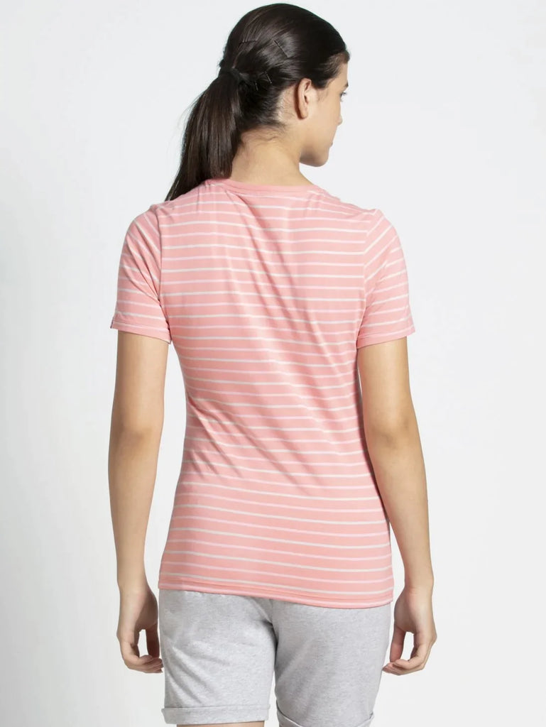 Peach Blossom JOCKEY Women's Yarn Dyed Striped V Neck Half Sleeve T-Shirt 