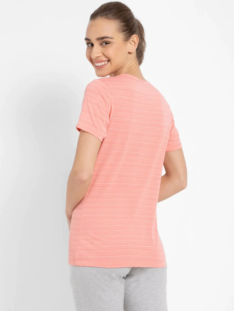 Peach Blossom JOCKEY Women's Regular Fit Striped V Neck Half Sleeve T-Shirt