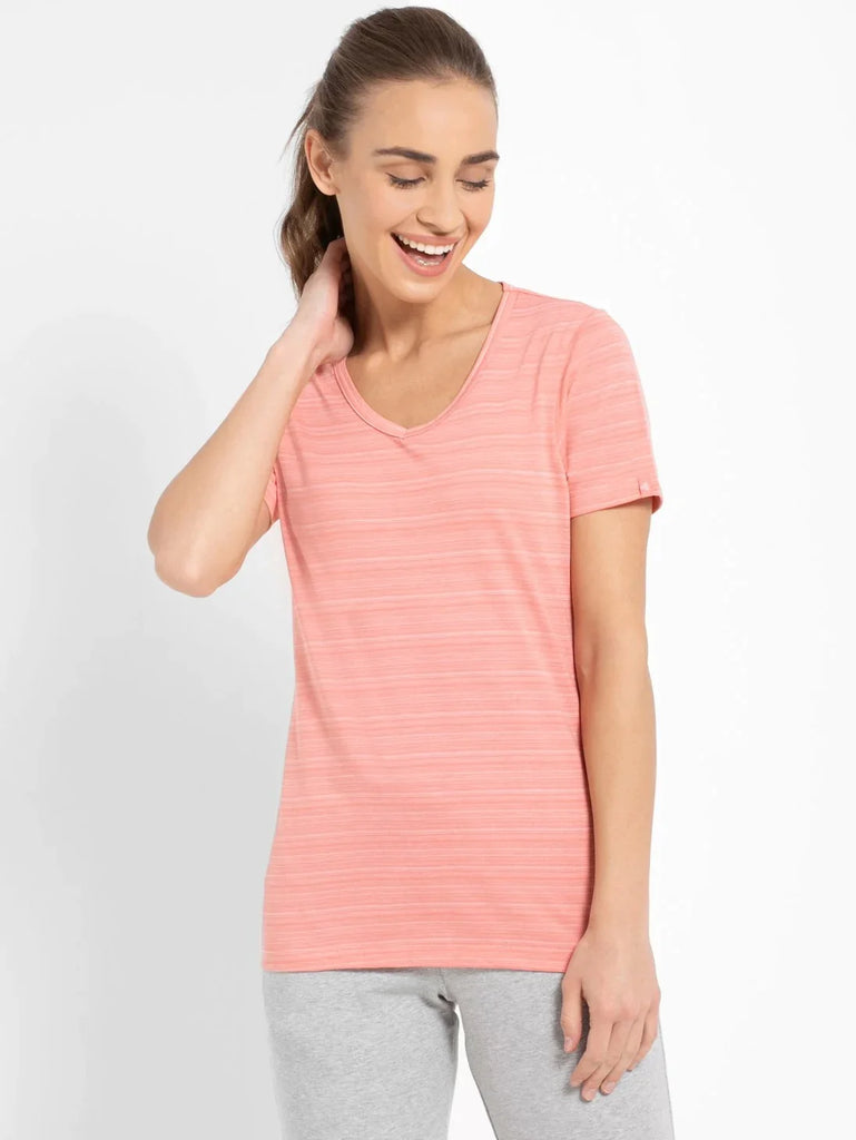 Peach Blossom JOCKEY Women's Regular Fit Striped V Neck Half Sleeve T-Shirt