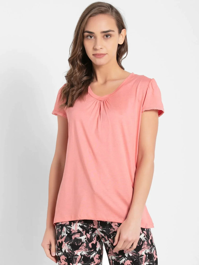 Peach Blossom JOCKEY Women's Solid V Neck Half Sleeve T-Shirt