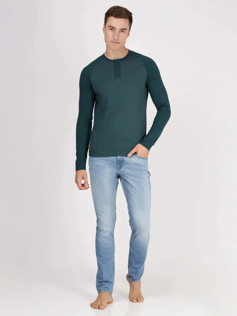 Pine MelangeJOCKEY Men's Solid Full Sleeve Henley T-Shirt