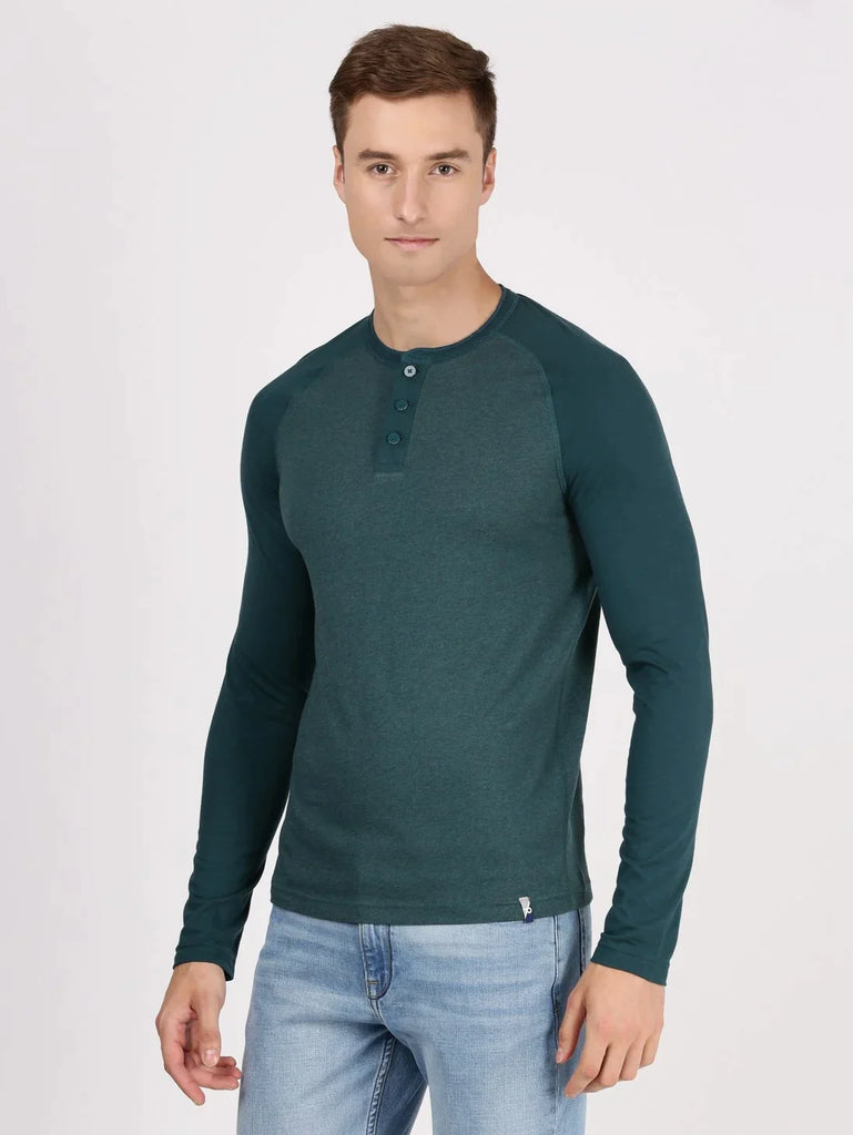 Pine Melange JOCKEY Men's Solid Full Sleeve Henley T-Shirt