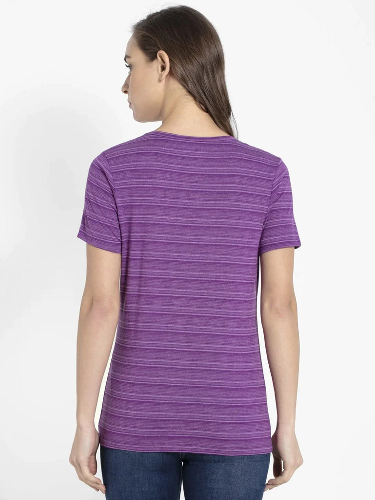 Purple Glory JOCKEY Women's Regular Fit Striped V Neck Half Sleeve T-Shirt